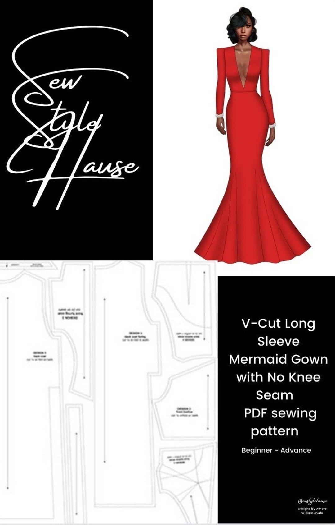 Vcut Long Sleeve Mermaid Gown With No Knee Seam PDF Sewing Pattern