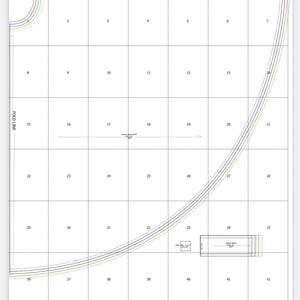 May include: A gridded pattern with numbers 1 through 42. The grid is divided into 42 squares. The grid has a curved line drawn through it in three different colors: red, blue, and green. The text 'FOLD LINE' is written vertically on the left side of the grid. The text 'FRONT BACK SORT' is written horizontally in the middle of the grid. The text 'TOTAL CAP DACR' is written horizontally in the bottom right corner of the grid. The text 'WEST HAND TOTAL CAP DACR' is written horizontally in the bottom right corner of the grid.