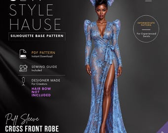 Puff Sleeve Cross Front Robe w/ High Slit PDF Sewing Pattern