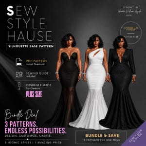 以下が含まれることがあります： Sew Style Hauseというタイトルのデジタル縫製パターンセット。床まで届く長さの3着のドレスが特徴で、黒のストラップレスマーメイドドレス、カットアウト付きの白のワンショルダードレス、長袖の黒のグリッターマーメイドドレスがプラスサイズで展開されています。
