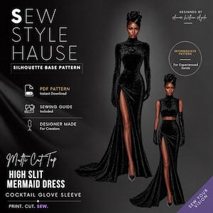 Meerjungfrauenkleid mit hohem Schlitz und Cocktailärmeln in verschiedenen Stilen | PDF-Schnittmuster
