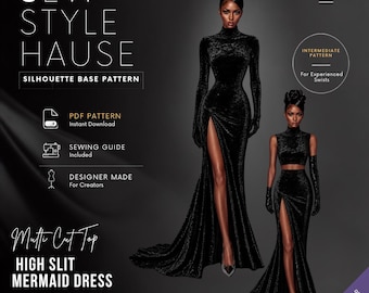 Multi Style Top High Slit Mermaid Gown with Cocktail Glove Sleeve | PDF Sewing Pattern