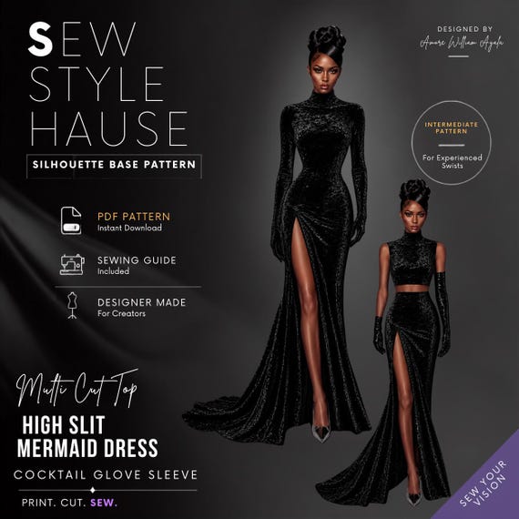 high slit mermaid dress Multi Style Top Gown With Cocktail Glove Sleeve | PDF Sewing Pattern AddTopSequins