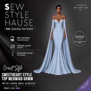 Corset Style Sweetheart Top Mermaid Dress With Long Bell Sleeves PDF Sewing Pattern