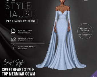 Corset Style Sweetheart Top Mermaid Dress With Long Bell Sleeves PDF Sewing Pattern