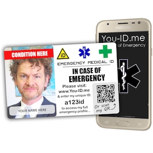 Medical ID Photo Card. Customised Emergency ID Card.  QR Code and Unique Can Alert Contacts Phone. Dementia Diabetes Epilepsy Alzheimers Etc
