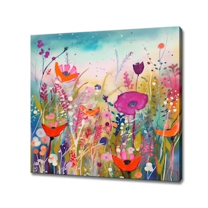 Bright Colourful Wildlowers Abstract Watercolour Painting Style Canvas Print, Modern Floral Design Home Decor, Flowers Wall Art Picture
