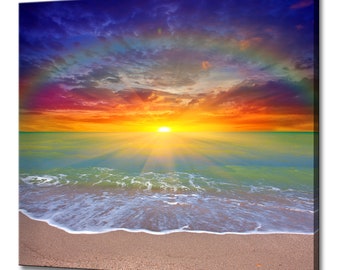 Rainbow Sunset Over The Sea Modern Design Home Decor Canvas Print Wall Art Picture