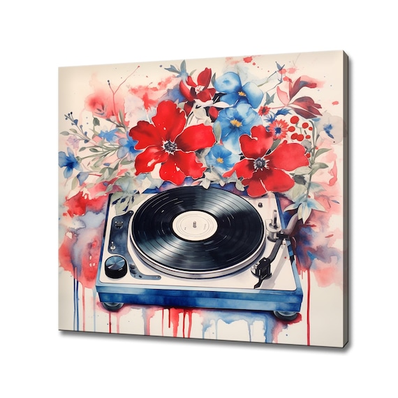 Turntable DJ Deck Red Blue Flowers Abstract Watercolour Painting