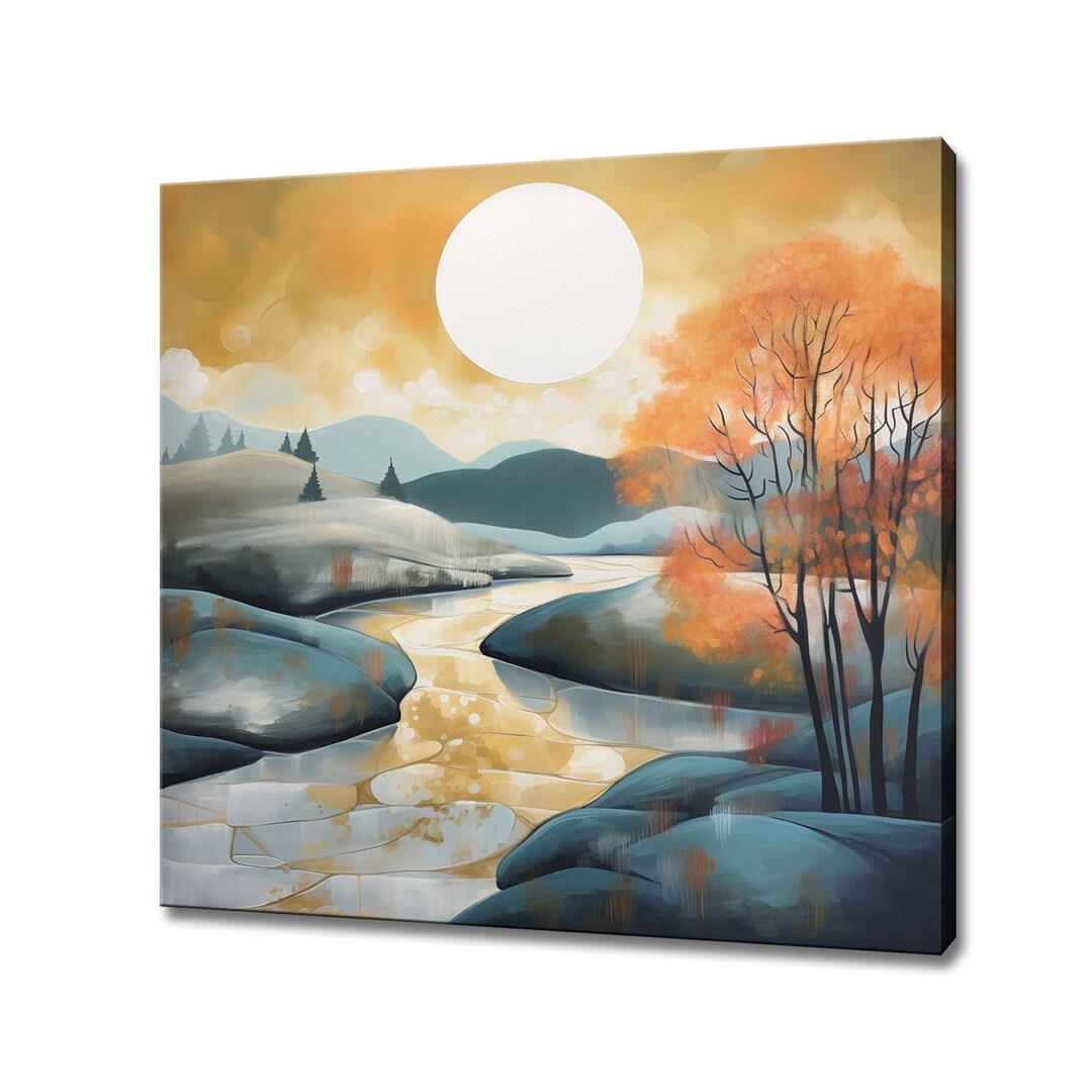 Abstract Moon Above the River Landscape Painting Style Canvas Print ...