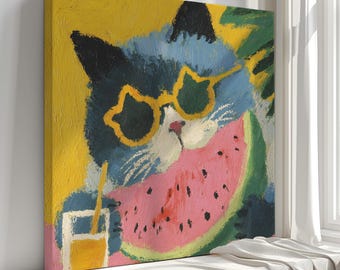 May include: A square canvas art print featuring a whimsical cat wearing star-shaped sunglasses and enjoying watermelon. The cat is painted in shades of blue, black, and white against a yellow background. A glass of orange juice with a straw is also visible.