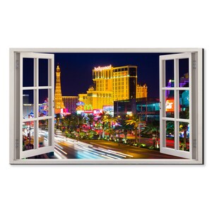 The Strip In Las Vegas At Night Window View, Window Frame Style Modern Design Home Decor Canvas Print Wall Art Picture Ready To Hang