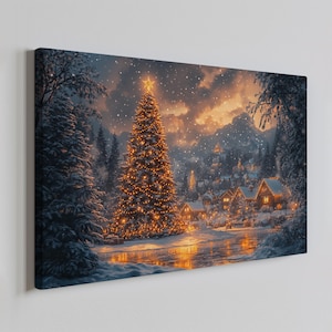 Magical Christmas Tree Village Vintage Painting Style Canvas Print, Farmhouse Decor Art, Nature Picture Wall Hanging Fine Art Print