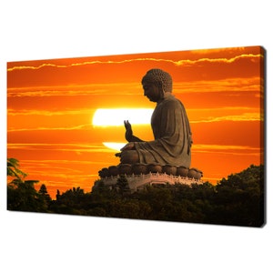 Meditating Buddha Statue At Sunset Sky Ethnic Modern Design Home Decor Canvas Print Wall Art Picture