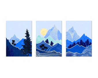 Arte de parede de montanha com paisagem azul e lua amarela, impressões de arte de parede abstratas boho, conjunto de 3 impressões, arte de parede com impressão em tela de meados do século