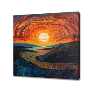 Abstract Psychedelic Sunset Painting Style Canvas Print, Colourful Fantasy Retro Design Landscape Print, Surreal Sunset Abstract Wall Art