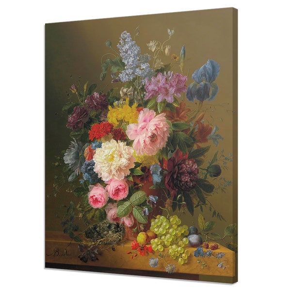 Still Life With Peonies, Tulips, Roses, Irises Flowers And Fruits, Victorian Fine Art, Vintage Oil Painting Canvas Print, Antique Floral Art