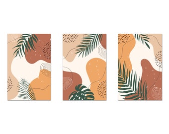 Abstract Botanical Plants Art, Boho Minimalist Abstract Art Print, Terracotta Orange Set Of 3 Prints Modern Canvas Print Wall Art Home Decor