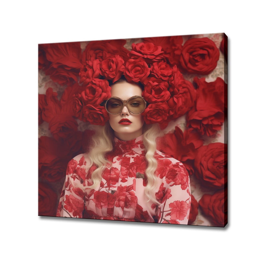 Bright Red Rosses Flowers Woman Head Canvas Print, Rococo Flowers Art ...