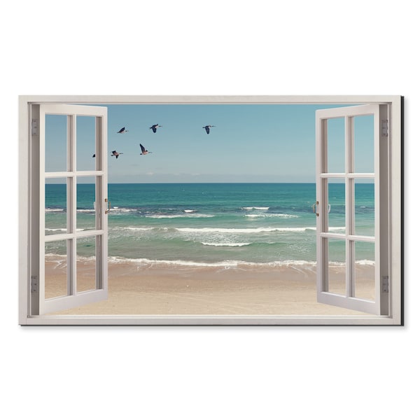 Birds Flying Over The Beach Seascape Window View, Window Frame Style Modern Design Home Decor Canvas Print Wall Art Picture Ready To Hang