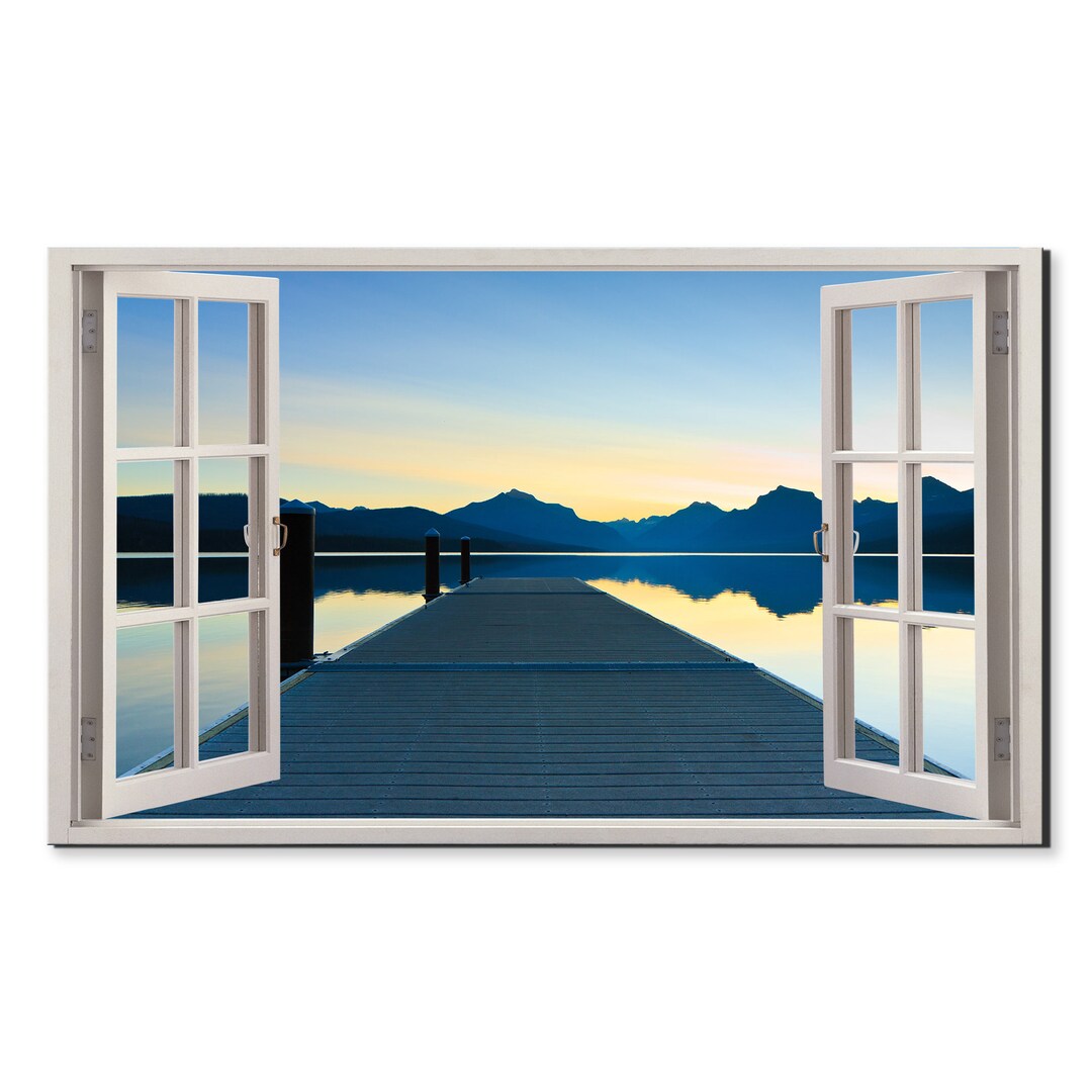 Window Pier Sunrise Over Blue Lake Pier Dock Window View, Window Frame Style Modern ...