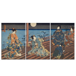 Time Kacho Fugetsu Moon Utagawa Kuniyoshi 3 Panels Modern Canvas Print Wall Art Home Decor