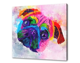 Colourful Pug Dog Watercolour Canvas Wall Art Picture Print Wall Hanging Pet Home Decor Handmade Ready To Hang