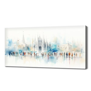 Milan City In Italy Canvas Print, Skyline Landmarks Watercolour Painting Style, Modern Cityscape Home Office Decor Wall Art Picture