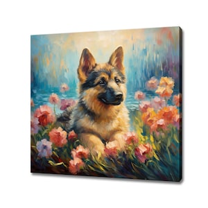 Cute German Shepherd Puppy Dog Canvas Print, Gift For German Shepherd Dog Lover, Colourful Dog Portrait Painting Print, Dog Pet Wall Art