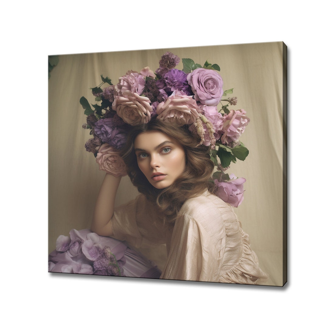 Lilac Purple Flowers Woman Head Canvas Print, Rococo Flowers Wall Art ...