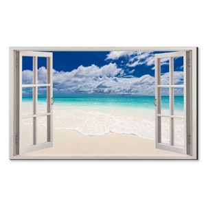 Blue Sky Over The White Sandy Beach Window View, Window Frame Style Modern Design Home Decor Canvas Print Wall Art Picture Ready To Hang