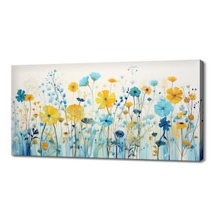 Beautiful Yellow Teal Spring Wildflowers Field Meadow, Colourful Watercolour Flowers Modern Design Home Decor, Canvas Print Wall Art Picture