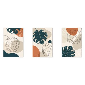 Botanical Plants Art, Boho Minimalist Art Print, Terracotta Green Monstera Leaves Set Of 3 Prints Modern Canvas Print Wall Art Home Decor