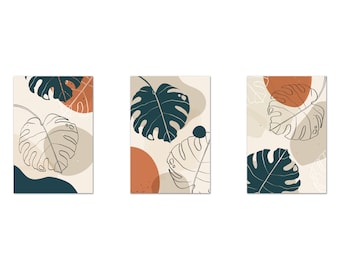 Botanical Plants Art, Boho Minimalist Art Print, Terracotta Green Monstera Leaves Set Of 3 Prints Modern Canvas Print Wall Art Home Decor