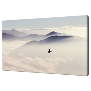 Silhouettes Of Mountains In The Morning Sun Flying Bird Modern Design Decor Canvas Print Wall Art Picture