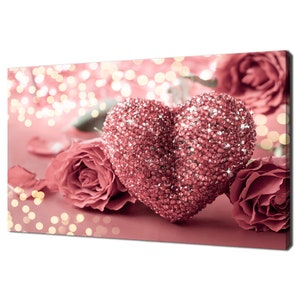 Beautiful Pink Diamonds Heart And Roses Flowers Love Modern Design Home Decor Canvas Print Wall Art Picture