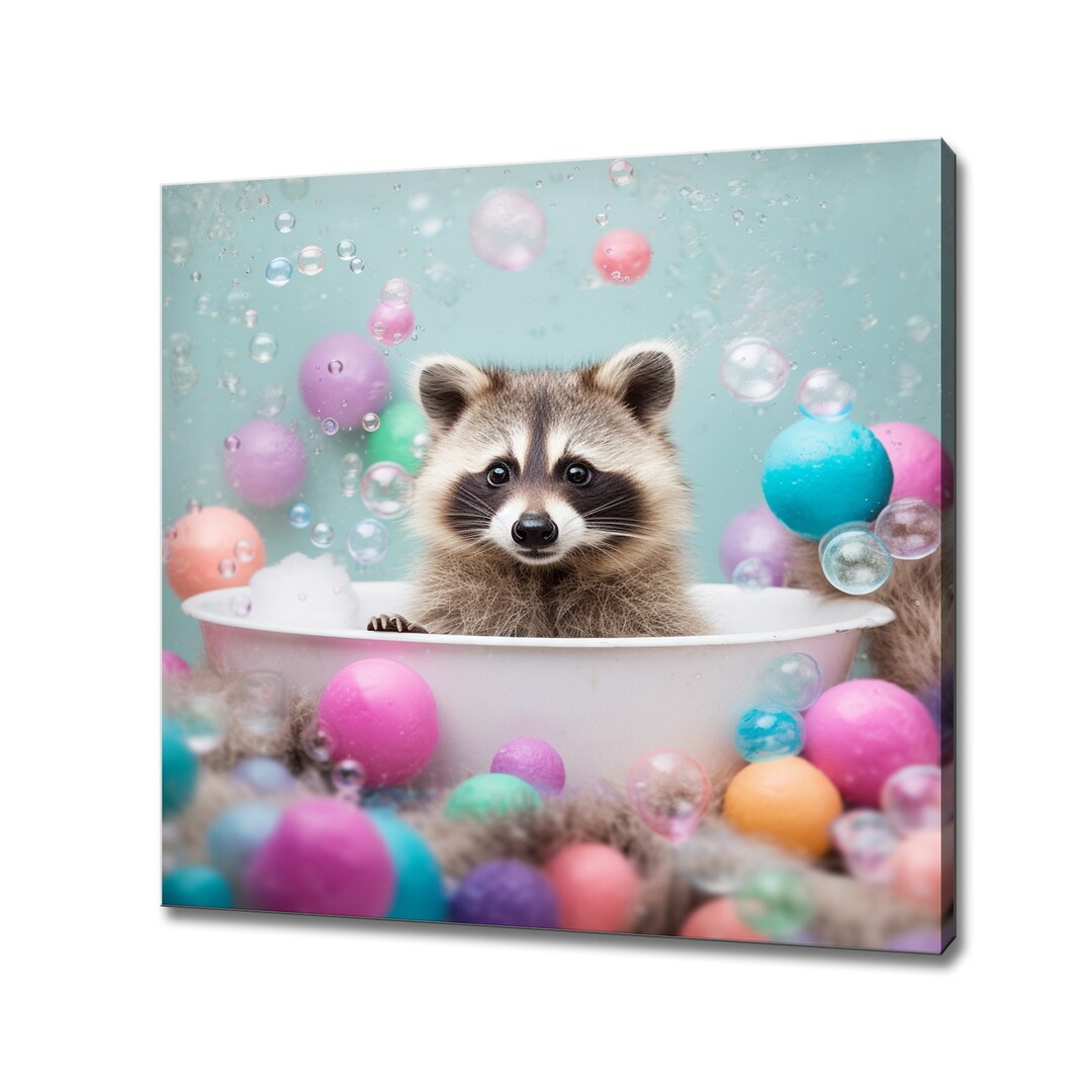 Cute Raccoon in the Bubble Bath Tub, Canvas Print Kids Nursery Room ...