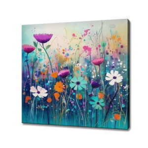 Abstract Colourful Wildlowers Meadow Field Watercolour Painting Style Canvas Print, Modern Floral Design Home Decor, Flower Wall Art Picture