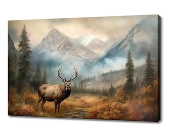 May include: A painting of a large, brown elk standing in a forest clearing. The elk has large antlers and is looking directly at the viewer. The background is a misty mountain range with trees in the foreground.