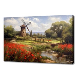 Könnte beinhalten: Ein Gemälde, das eine Windmühle in einer ländlichen Landschaft zeigt. Die Windmühle ist aus Stein gebaut und hat hölzerne Flügel. Im Vordergrund befindet sich ein kleiner Bach, und in der Ferne ein Feld mit roten Mohnblumen.