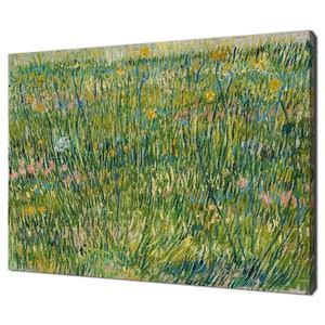 May include: A painting of a field of green grass with yellow, blue, and pink wildflowers. The brushstrokes are visible and give the painting a textured look.
