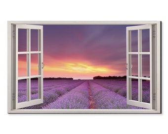 Sunset Over The Lavender Field Window View, Window Frame Style Modern Design Home Decor Canvas Print Wall Art Picture Ready To Hang