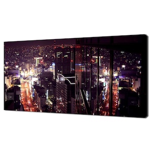 Aerial View Of Purple City At Night With City Lights Skyline Panorama Modern Design Home Decor Canvas Print Wall Art Picture