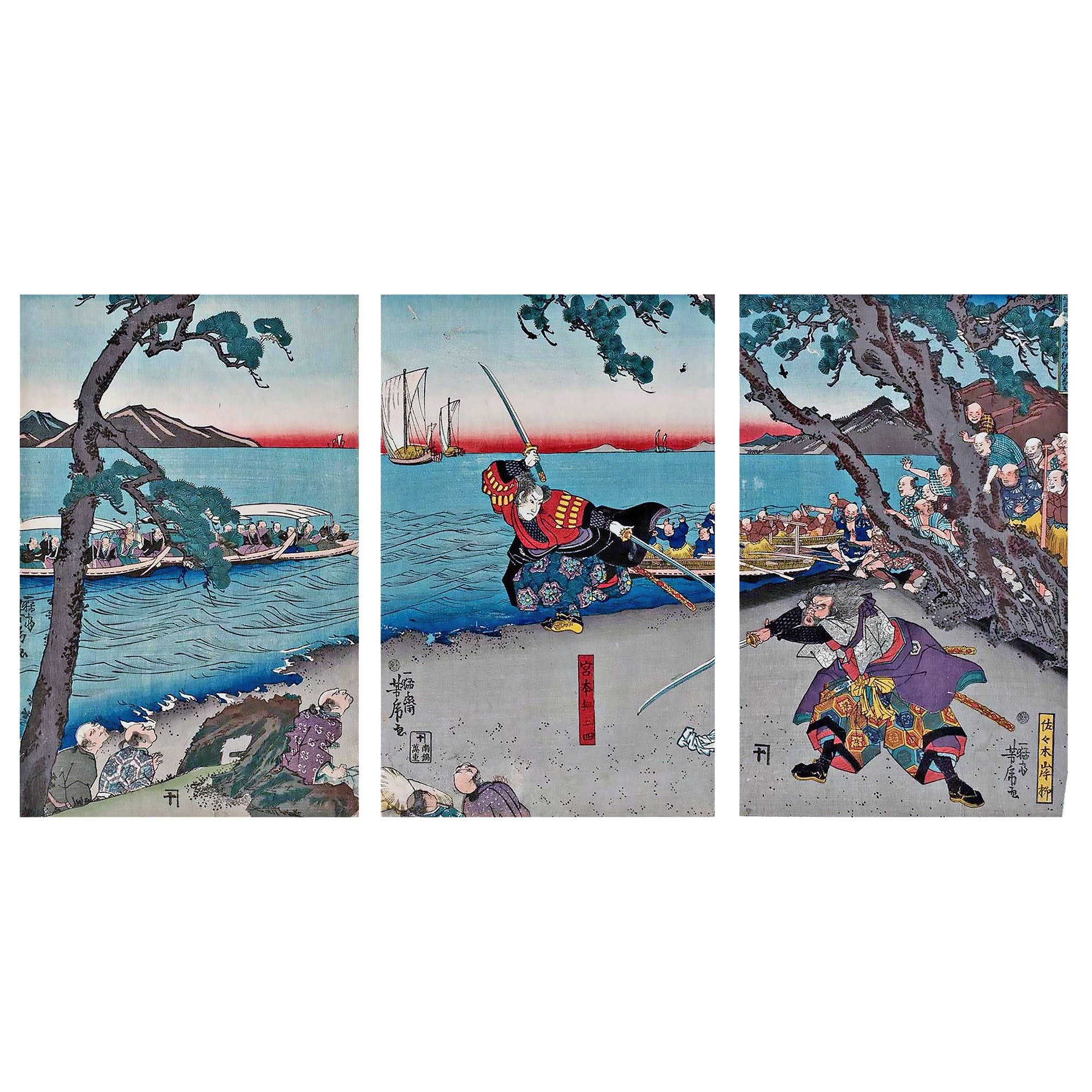 Miyamoto Musashi Facing Sasaki Kojiro at Ganryujima Utagawa