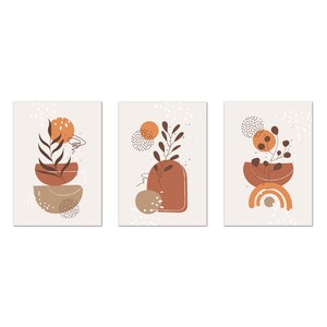 Abstrakte neutrale botanische Pflanzen, Terrakotta braun Boho minimalistische abstrakte Kunst, 3er-Set Moderne Leinwanddruck Wandkunst Wohndekor