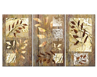 May include: A three-piece set of abstract art prints featuring brown and gold leaves on a woodgrain background.