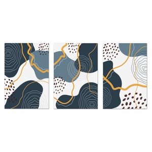 Abstract Boho Wall Art Prints, Shapes Wall Art, Navy Blue Yellow Set Of 3 Prints Minimalist Modern Canvas Print Wall Art Home Decor