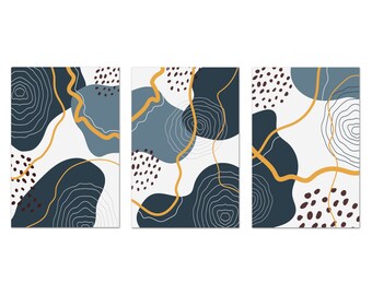 Abstract Boho Wall Art Prints, Shapes Wall Art, Navy Blue Yellow Set Of 3 Prints Minimalist Modern Canvas Print Wall Art Home Decor