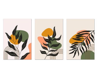 Neutral Botanical Plants Art, Boho Minimalist Art, Orange Green Leaves Set Of 3 Prints Modern Canvas Print Wall Art Home Decor
