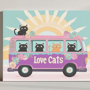 Love Peace Hippie Cats Canvas Print, Uroczy zabawny wydruk artystyczny Cat, Prezent dla miłośnika kotów, Sztuka ścienna z motywem kota w stylu retro, Fantazyjna dekoracja ścienna